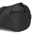 A black duffel bag featuring a zippered pocket and an adjustable strap. It has a simple design and is made of durable material.