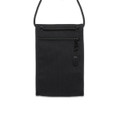 A black recycled phone bag with a zippered pocket and a strap for carrying. Features a branding logo.