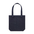 A dark denim tote bag featuring two shoulder straps and a simple design. It has a logo on the front.