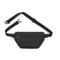 A black waist bag with an adjustable strap and a front zipper pocket, featuring a logo.