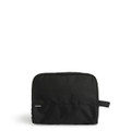 A black recycled toiletry bag with a fabric loop and a small logo, suitable for personal items.