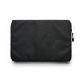 A black recycled laptop sleeve with a zipper. It has a simple, sleek design and an embedded logo.