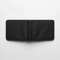 A black recycled fold wallet displayed open, featuring a textured surface and an interior without visible compartments.