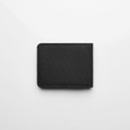 A black recycled fold wallet with a textured surface and a logo.