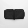 A black recycled zip wallet with a textured exterior, showcasing its open design and interior compartments.
