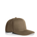 A brown cap with a rounded crown and a stiff brim, featuring a logo on the front.
