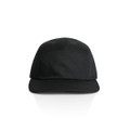 A black Finn Five Panel Cap with a structured design and a logo on the side.