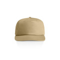 A beige cap with a flat brim and a logo on the front, designed for casual headwear.
