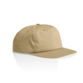 A tan cotton cap with a flat brim and a fitted design, featuring a logo on the front.