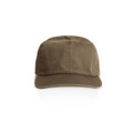 A brown cap with a structured design and a logo on the front.