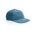 A blue corduroy cap with a curved brim, featuring a branding logo on the front.