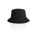 A black kids' bucket hat featuring a wide brim and a simple design with a logo.