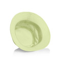 A light green nylon bucket hat with an inner lining, featuring a logo inside.