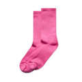 A pair of bright pink socks with a smooth finish and ribbed tops, featuring a logo.