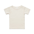 A light beige organic infant t-shirt with short sleeves and shoulder snaps, featuring a simple design.