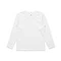 A white long-sleeve t-shirt for kids, featuring a simple design and a logo on the label.