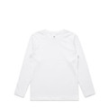 A plain white long-sleeve t-shirt with a simple design and a logo.