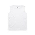 A white sleeveless tank top, featuring a simple design and branding on the label.