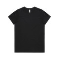 A black t-shirt displaying a classic crew neck design, featuring a logo on the tag.