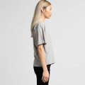 A side view of a light grey t-shirt with a relaxed fit, featuring short sleeves and a casual style.
