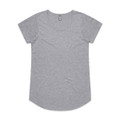A grey T-shirt with a rounded neckline and short sleeves, featuring a logo on the label.