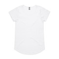 A white t-shirt with short sleeves and a rounded neckline. It features a small logo on the tag.