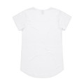 A white short-sleeved t-shirt with a rounded hem and a small logo on the back.