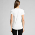 A white t-shirt with short sleeves and a curved hem, featuring a logo on the back.