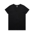 A black V-neck tee featuring short sleeves and a simple design. It has a branding logo on the label.