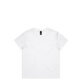 A plain white t-shirt with a round neckline and short sleeves, featuring a logo on the label.