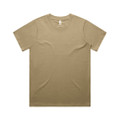 A plain khaki T-shirt featuring a crew neck and short sleeves, with a logo on the label.