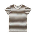 A striped t-shirt in brown and white, featuring a round neckline and short sleeves. It has a branding label on the neck.