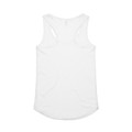 A white racerback singlet featuring a rounded hem and a logo on the back.