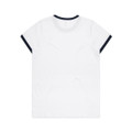 A white T-shirt with a navy blue collar and sleeve trim, featuring a logo.