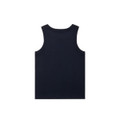 A navy rib tank top with a scoop neckline and wider straps. Features a logo.