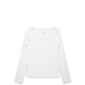 A long-sleeve white tee with a scoop neckline and a small logo on the back.