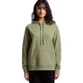 A green hoodie with a kangaroo pocket, featuring a drawstring hood and a casual fit. It has a logo on the front.