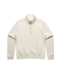 A beige half-zip crew jumper featuring a high collar and ribbed cuffs, with a logo on the front.