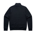 A black half zip crew jumper with a collar and long sleeves, featuring a logo on the back.