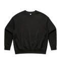 A black sweater with long sleeves and a crew neckline. It features a plain design and has a logo on the front.
