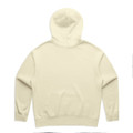 A cream-coloured hoodie with a full back view, featuring a hood and ribbed cuffs. It has a logo.