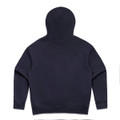 A navy blue hoodie featuring a hood and long sleeves, with a simple design and a logo present.