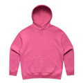 A pink hoodie with a front pocket and a large hood. The garment features a logo.