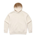 A cream-coloured hoodie featuring a front pocket and a hood. It has a logo on it.