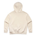A beige hoodie with a hood, featuring a simple, unadorned back view. It has a logo on the fabric.