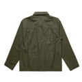 An olive green chore jacket featuring a collared neckline and back pleating. The jacket has a logo.