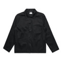 A black chore jacket featuring a button-up front, collar, and multiple pockets. It has a logo on the chest.