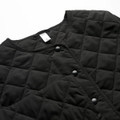 A black quilted jacket featuring a round neckline and button closures, with a textured diamond pattern.