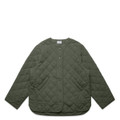 A quilted jacket in olive green featuring a round neckline, button closure, and side pockets. The jacket has a logo.