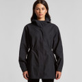 A soft shell jacket in black with a zippered front, adjustable waist, and a hood, featuring a logo.